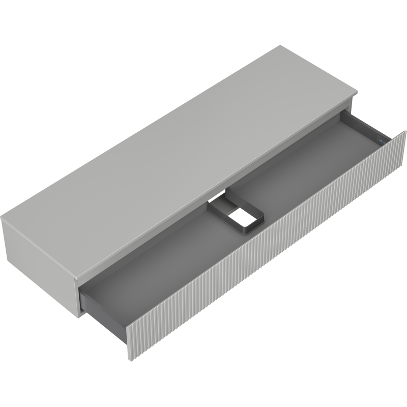 Servantskap uten vask grå matt 160 cm med riflet front og åpen skuff med innvendig inndeling.