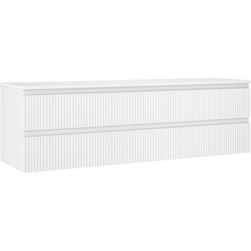 Servantskap 160 cm hvit matt med to skuffer og riflet front, sett skrått forfra.