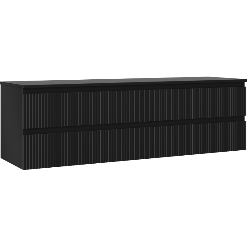 Servantskap 160 cm svart matt med vertikale riller og to skuffer, sett fra skrått frontperspektiv.