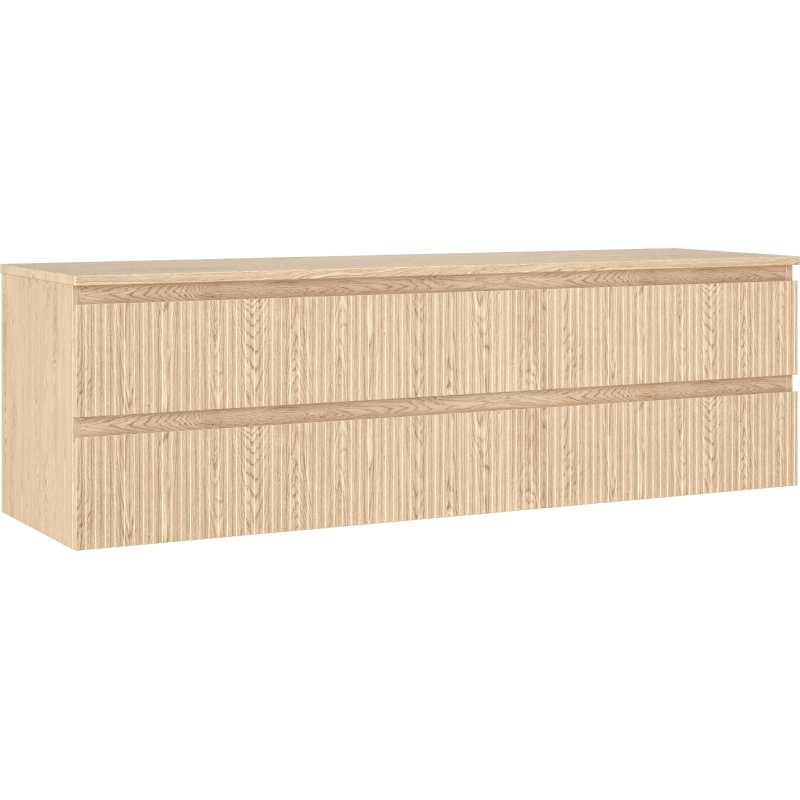 Servantskap 160 cm i lyst eiketre med riflet front og to brede skuffer, sett fra skrå vinkel.