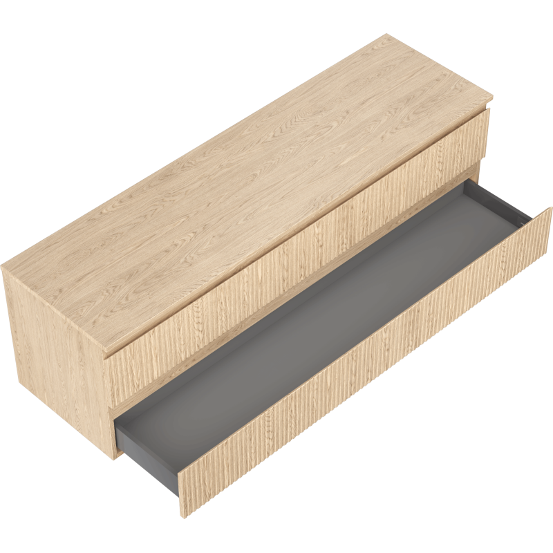 Servantskap uten vask i lyst eik med riflet front, én stor skuff trukket ut viser mørk grå innside.