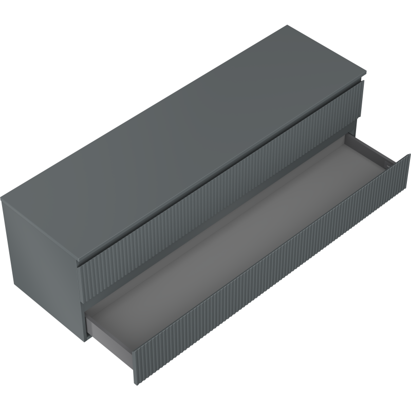 Servantskap til bad i grafitt matt med en stor skuff åpen og vertikal rilletekstur på fronten.
