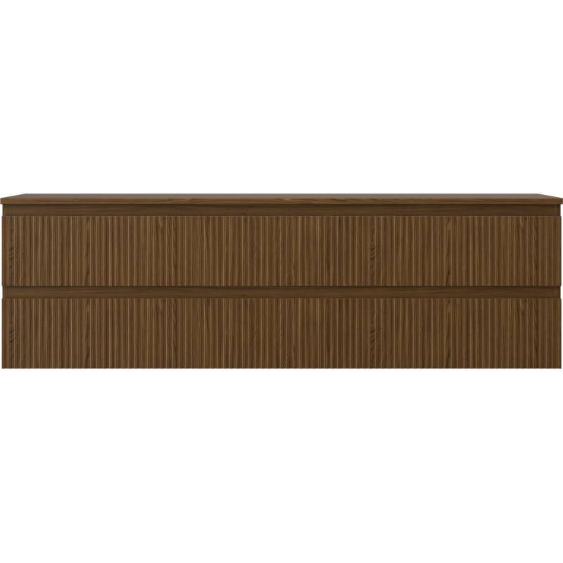 Underskap til servant i valnøtt med riflete fronter og to brede skuffer uten synlige håndtak.