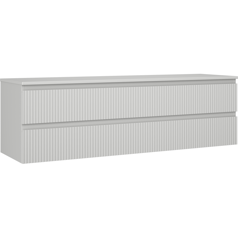 Servantskap 160 cm grå matt med to skuffer og vertikale riller, sett fra skrå vinkel.