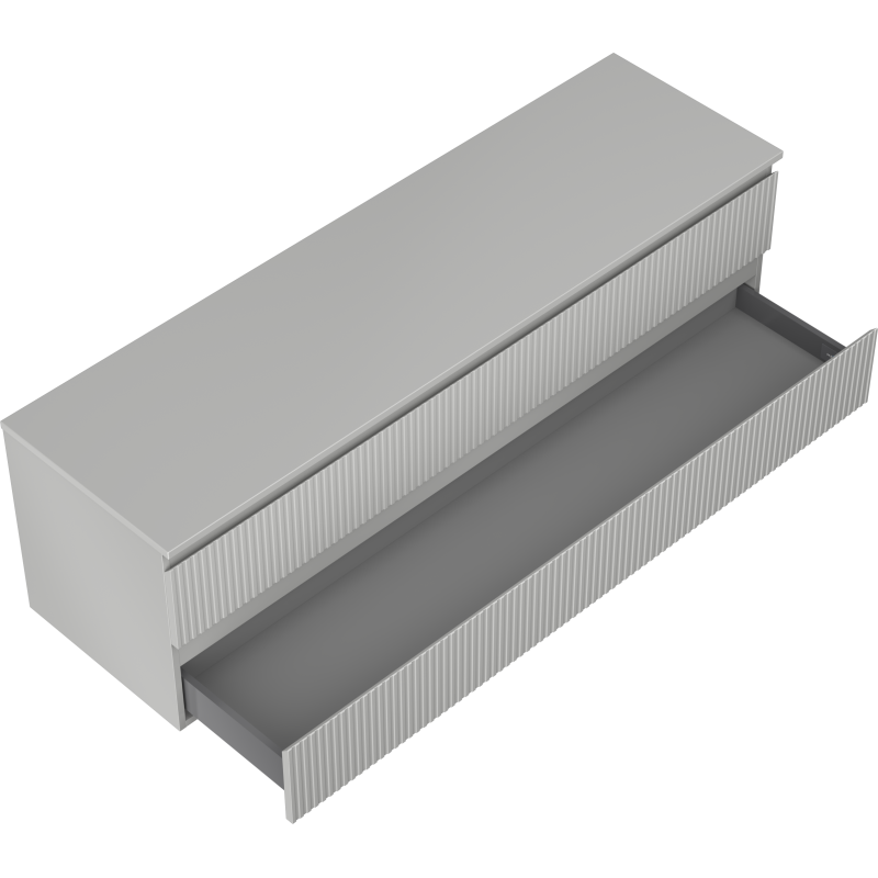 Servantskap til bad 160 cm grå matt med vertikale riller, vist i vinkel med én skuff trukket ut.
