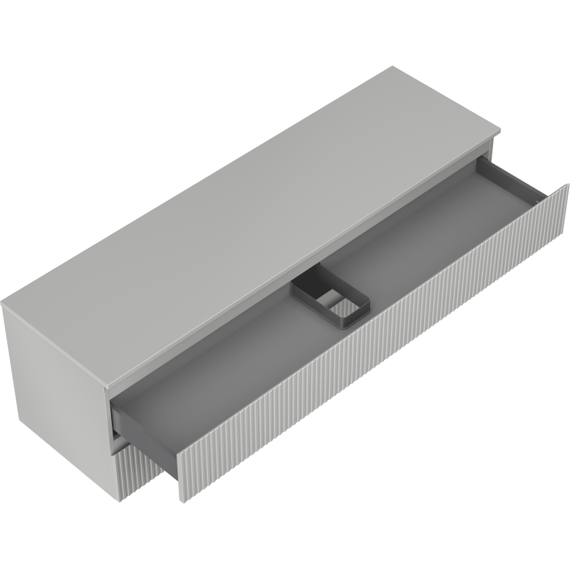 Servantskap uten vask 160 cm Mexen Rivel i grå matt med åpnet skuff og riflet frontpanel.