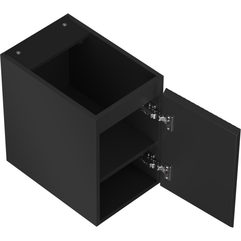 Servantskap uten vask svart matt Mexen Rivel med én åpen dør og innvendig hylle, sett skrått ovenfra.