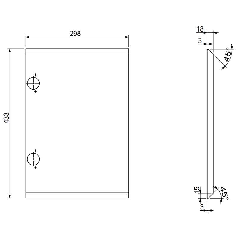 Servantskap teknisk strekning av rektangulær metallplate med mål og hullplasseringer fra front og side.