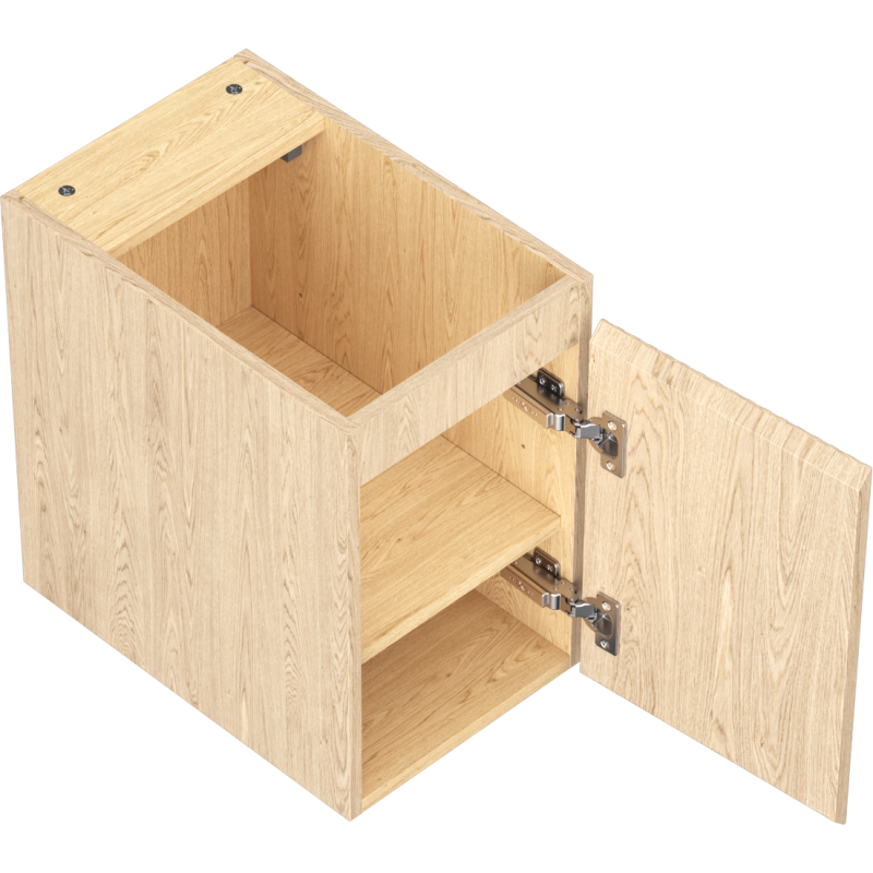 Servantskap uten vask i lys eik med riflet front, én åpen dør og synlige metallhengsler.