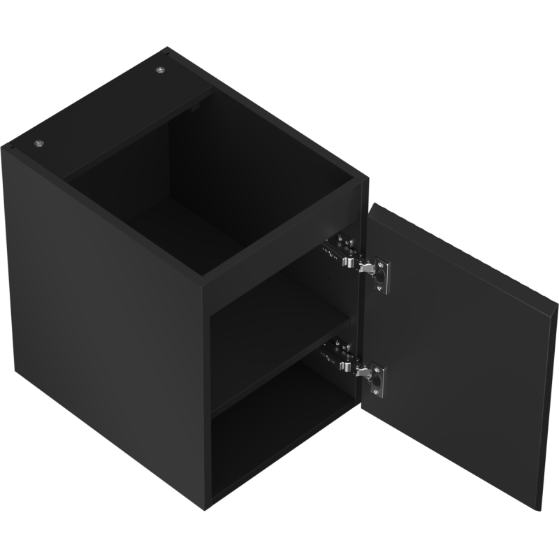 Servantskap uten vask svart matt 35 cm med åpen dør, synlige hengsler og én innvendig hylle.