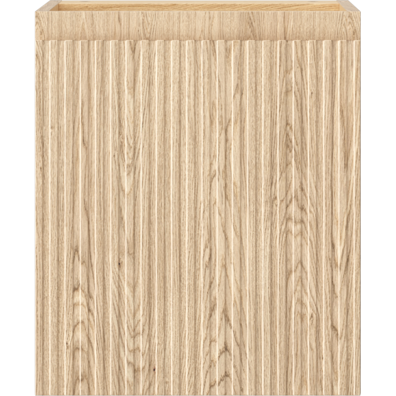 Underskap til servant i eik med riflet front og vertikal trestruktur, sett rett forfra.