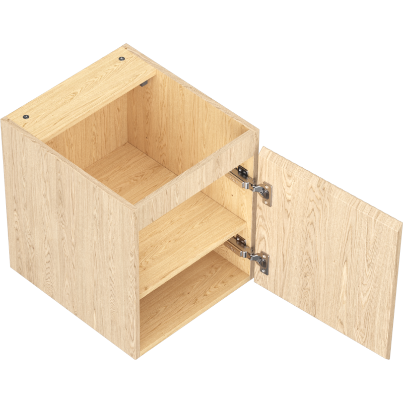 Servantskap uten vask 40 cm i eik med riflet front, én åpen dør og synlig hylle.