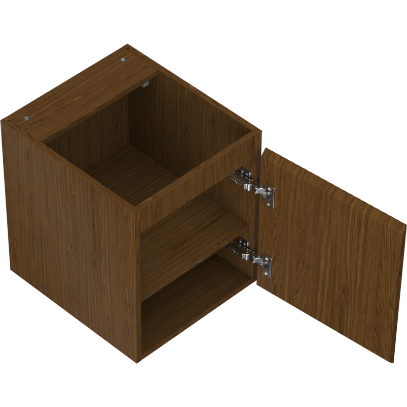 Servantskap uten vask i valnøtt med åpen dør, synlige metallhengsler og én hylle, sett fra skrå vinkel.