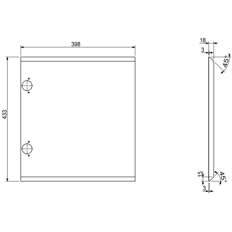 Servantskap teknisk tegning med målvisning for Mexen Rivel 40 cm, front- og sideperspektiv.