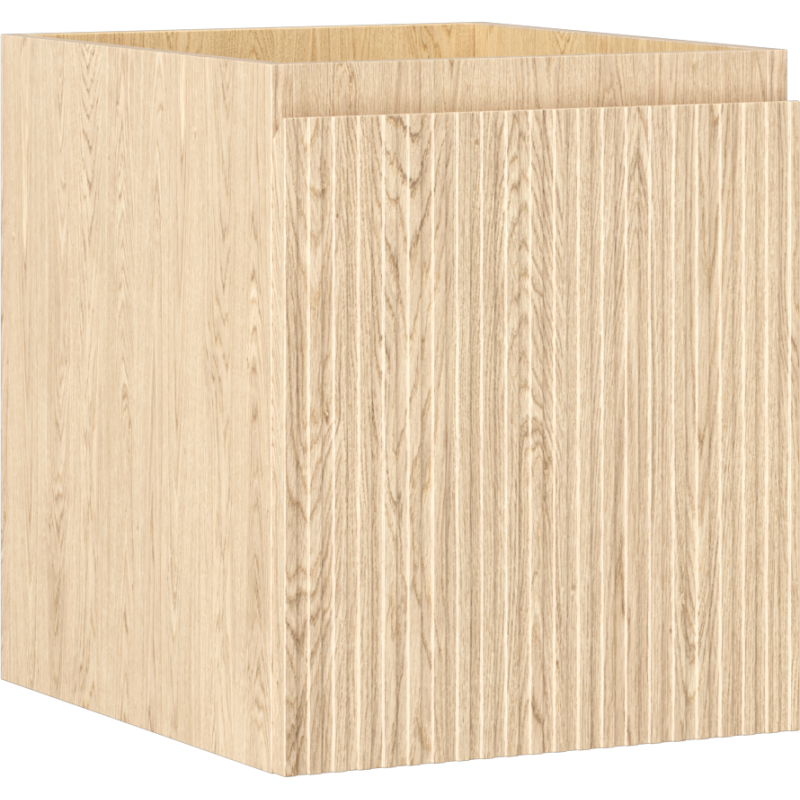 Servantskap 40 cm i lyst eik med riflet front og én skuff, sett fra skrå vinkel.