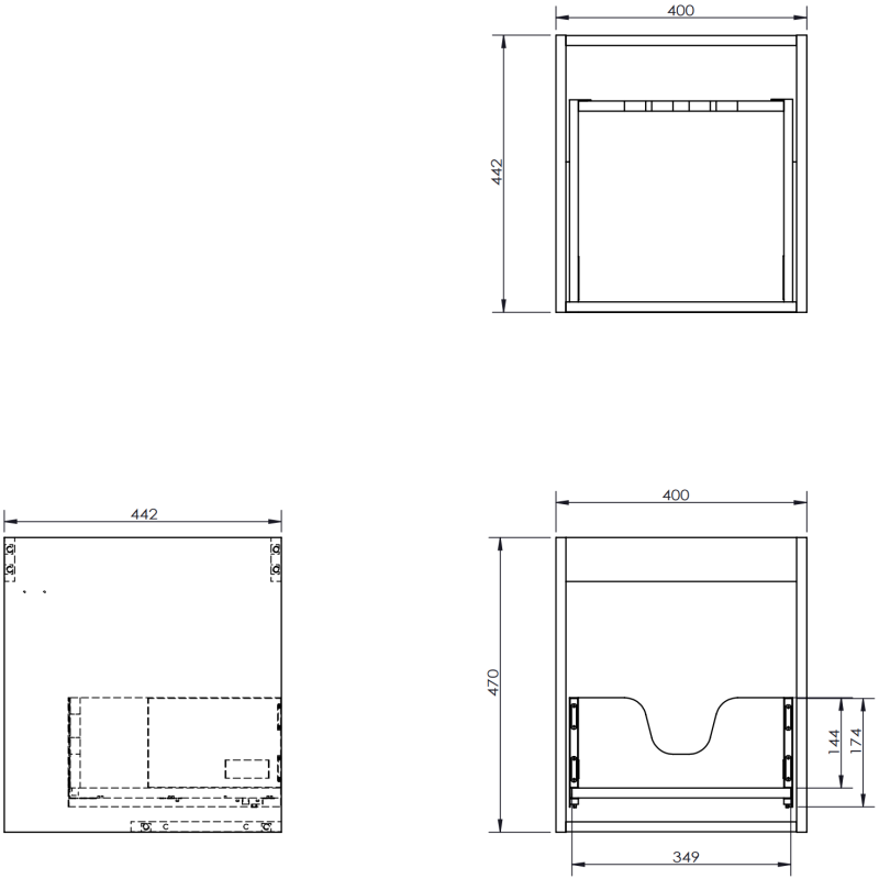 Servantskap til bad teknisk tegning med mål av 40 cm eikemodell, én skuff og riflet front.