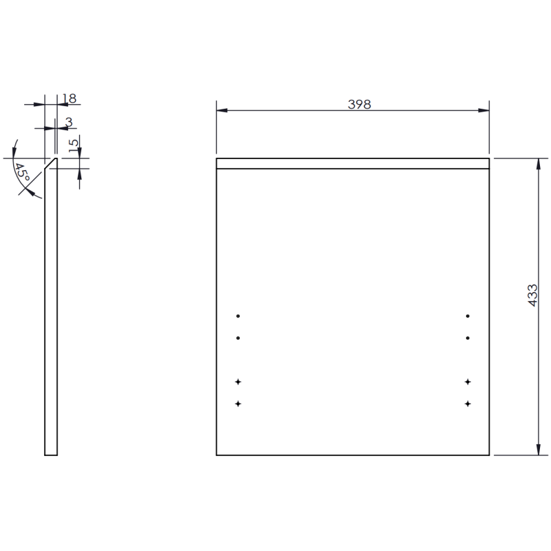 Servantskap teknisk tegning med mål, borehull og sidevisning av rektangulær hvit plate.