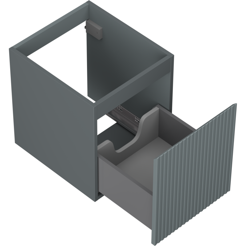 Servantskap uten vask grå matt 40 cm med åpen skuff og riflet front, sett fra skrå vinkel.