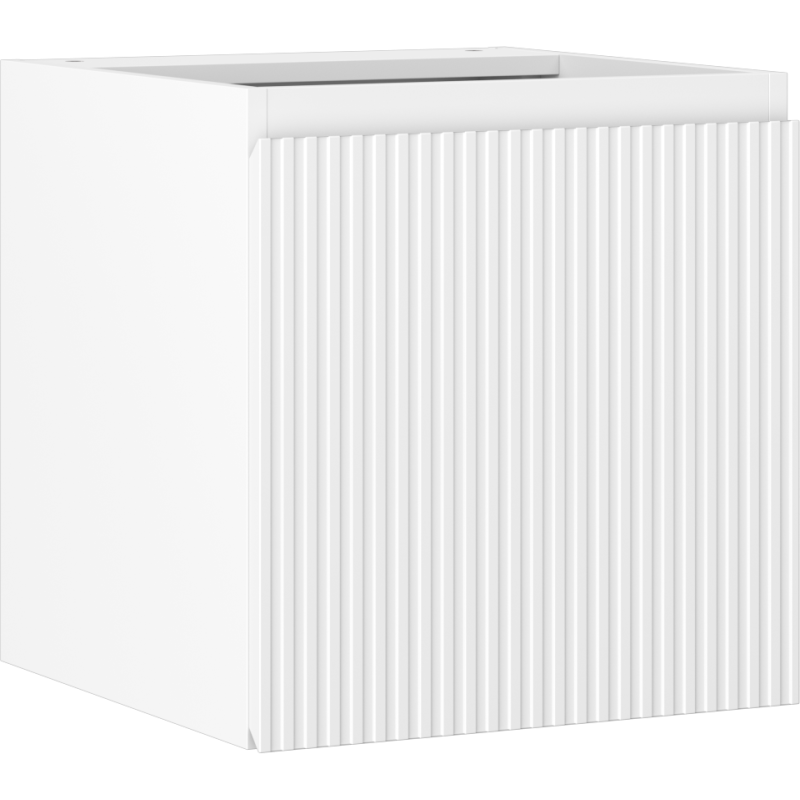 Servantskap 45 cm hvit matt med vertikalt rillet frontpanel og glatt side, sett skrått forfra.