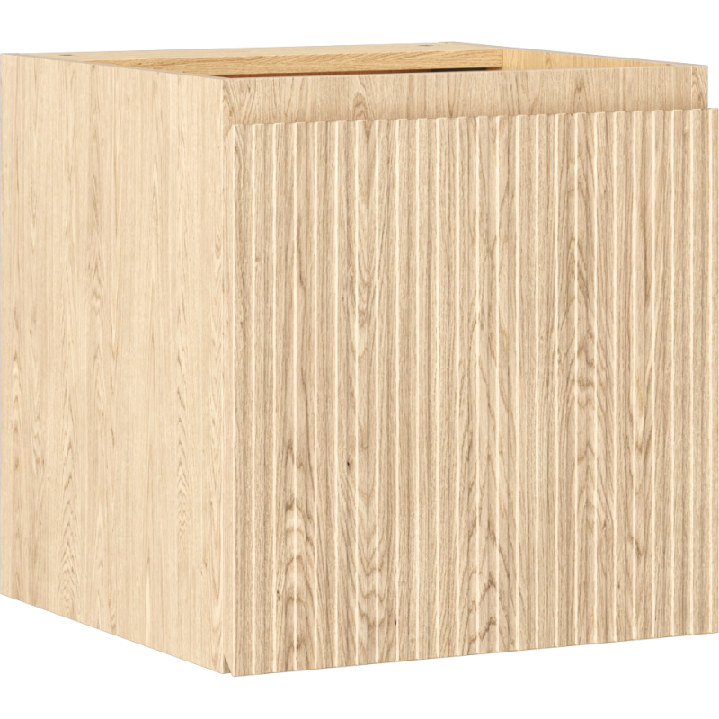 Servantskap 45 cm i lyst eik med riflet front, sett fra skrå vinkel uten synlige håndtak.