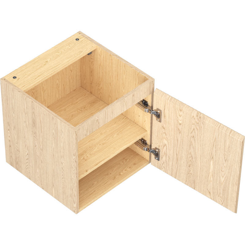 Servantskap uten vask 45 cm i eik med åpen dør, riflet front og synlige metallhengsler.