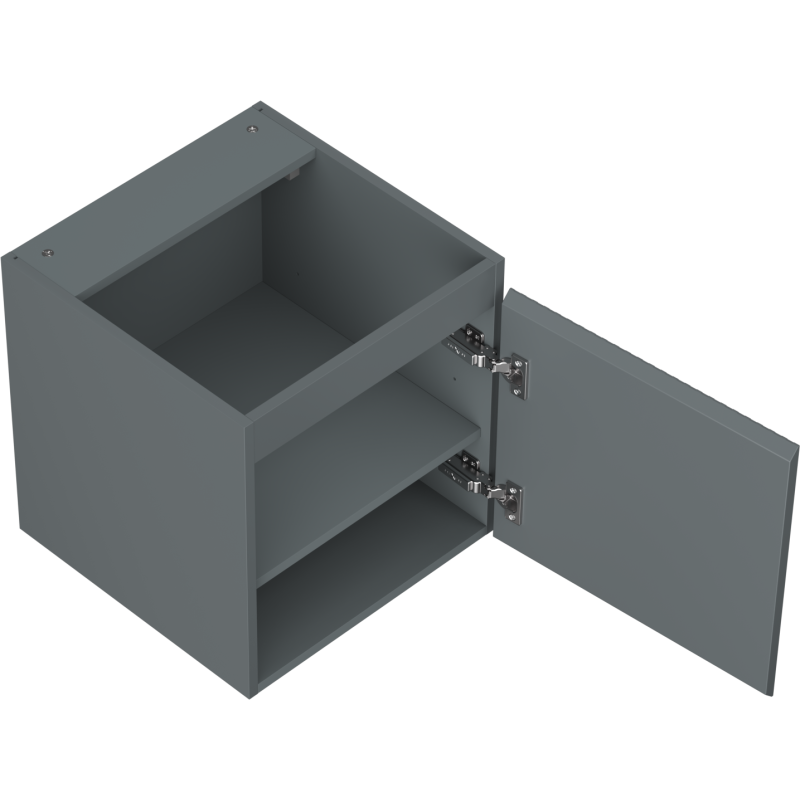 Servantskap uten vask 45 cm grafitt matt med åpen dør, to hyller og synlige metallhengsler.