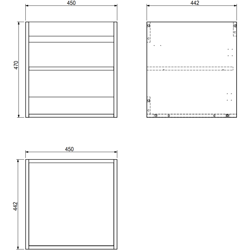 Servantskap til bad 45 cm grå matt teknisk tegning med mål, vist forfra, ovenfra og fra siden.
