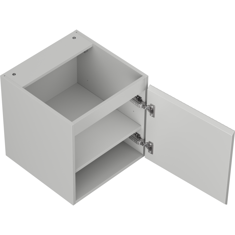 Servantskap uten vask grått 45 cm veggskap med én åpen dør, synlig hylle og metallhengsler.