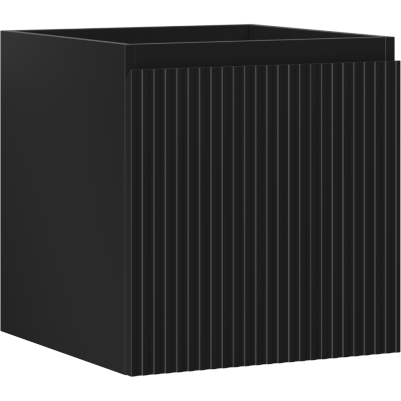 Servantskap 45 cm i svart matt med vertikale riller, sett fra siden og forfra.
