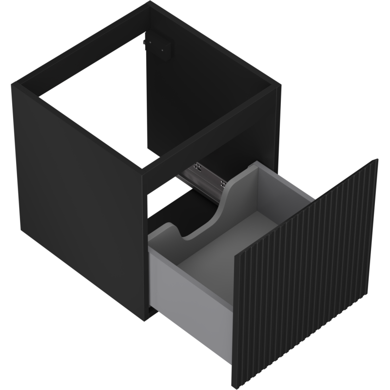 Servantskap uten vask svart matt skap med én grå skuff og vertikale riller, sett skrått ovenfra.