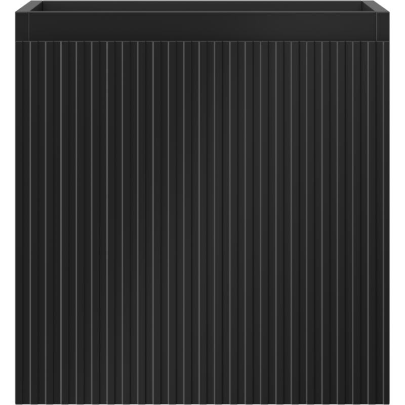 Underskap til servant i svart matt metall med én skuff og vertikale ribber, sett forfra.