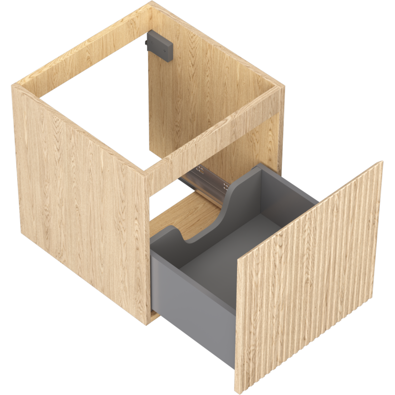 Servantskap uten vask i eik med én grå skuff og riflet front, sett skrått ovenfra med åpen skuff.