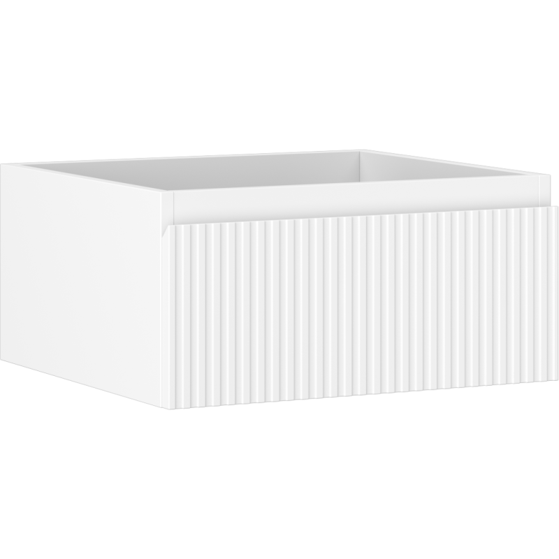 Servantskap 50 cm hvit matt med én skuff og vertikale riller, sett skrått forfra.