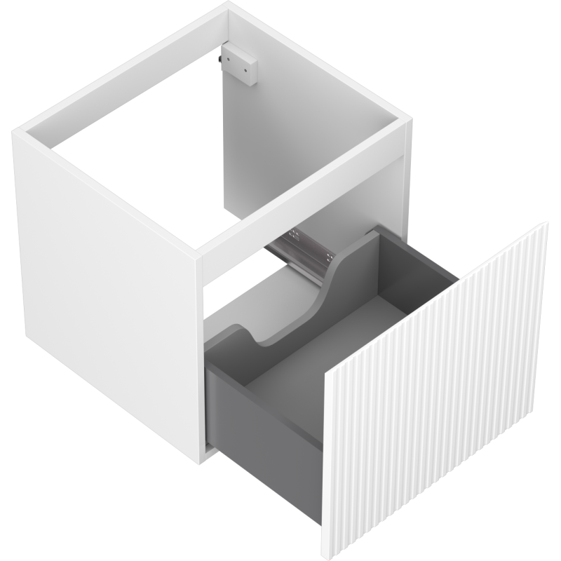 Servantskap uten vask 50 cm hvit matt med én grå skuff og riflet front, sett ovenfra i vinkel.