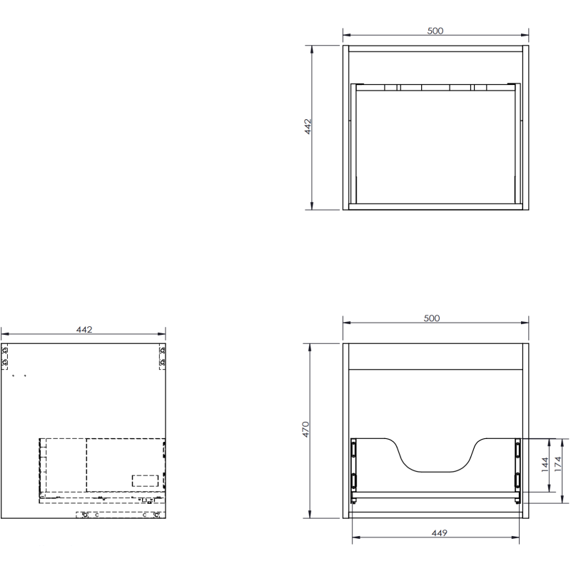 Servantskap til bad teknisk tegning med mål av hvit matt Mexen Rivel 50 cm, front, side og topp.