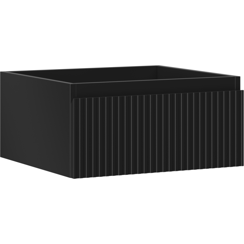 Servantskap 50 cm svart matt med én skuff og riflet front, sett fra skrå vinkel.