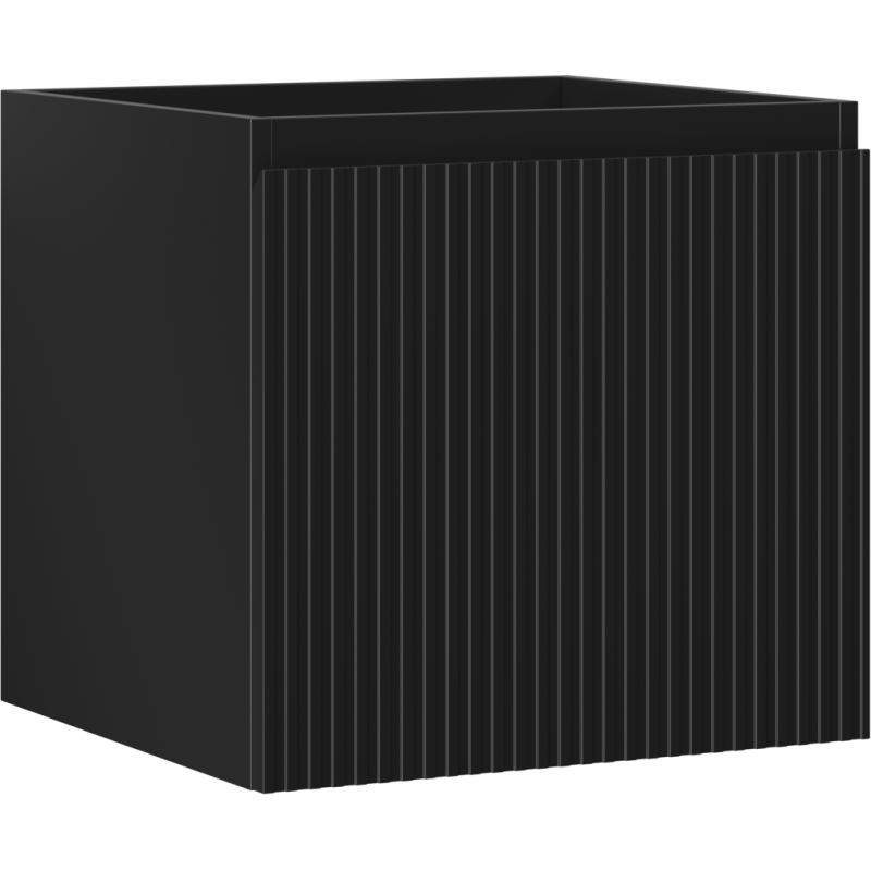 Servantskap 50 cm svart matt med riflet front, én skuff, sett skrått forfra.