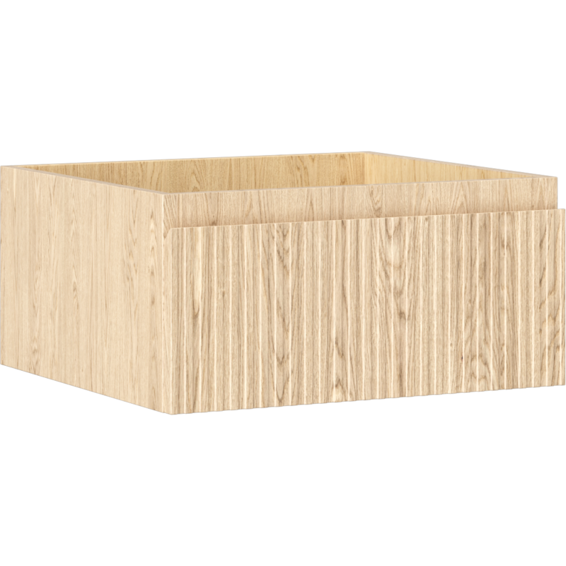 Servantskap 50 cm i eik med én riflet skuff og tydelig trefinérmønster, sett skrått forfra.