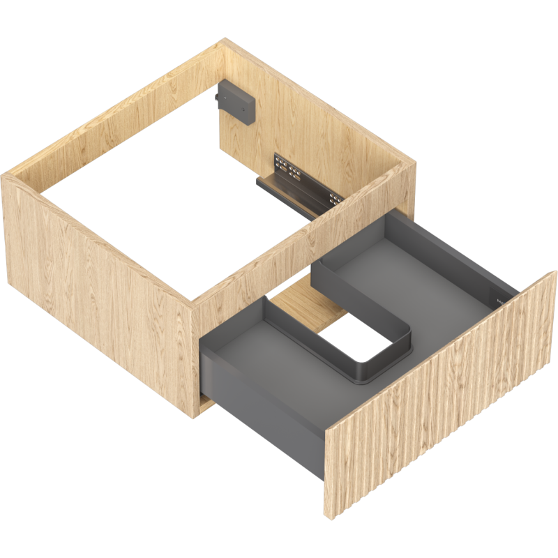 Servantskap uten vask i lyst eik med riflet front, én skuff og grå U-formet inndeling.