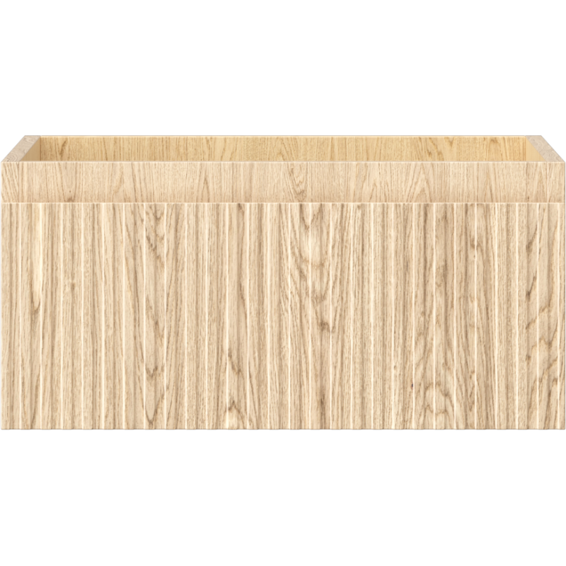 Underskap til servant i lyst eik med riflet front, rektangulær form og én skuff, sett forfra.