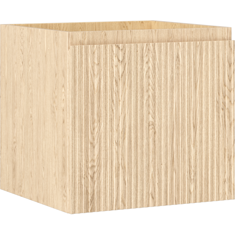 Servantskap 50 cm i lys eik med riflet front, sett fra skrå vinkel uten synlige håndtak.