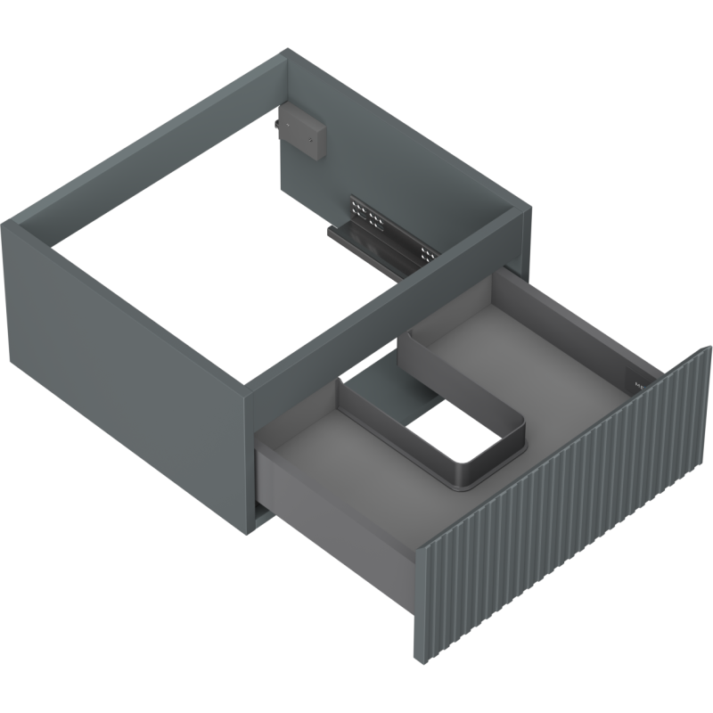 Servantskap uten vask 50 cm grafitt matt med åpen skuff og rillet front, sett isometrisk.