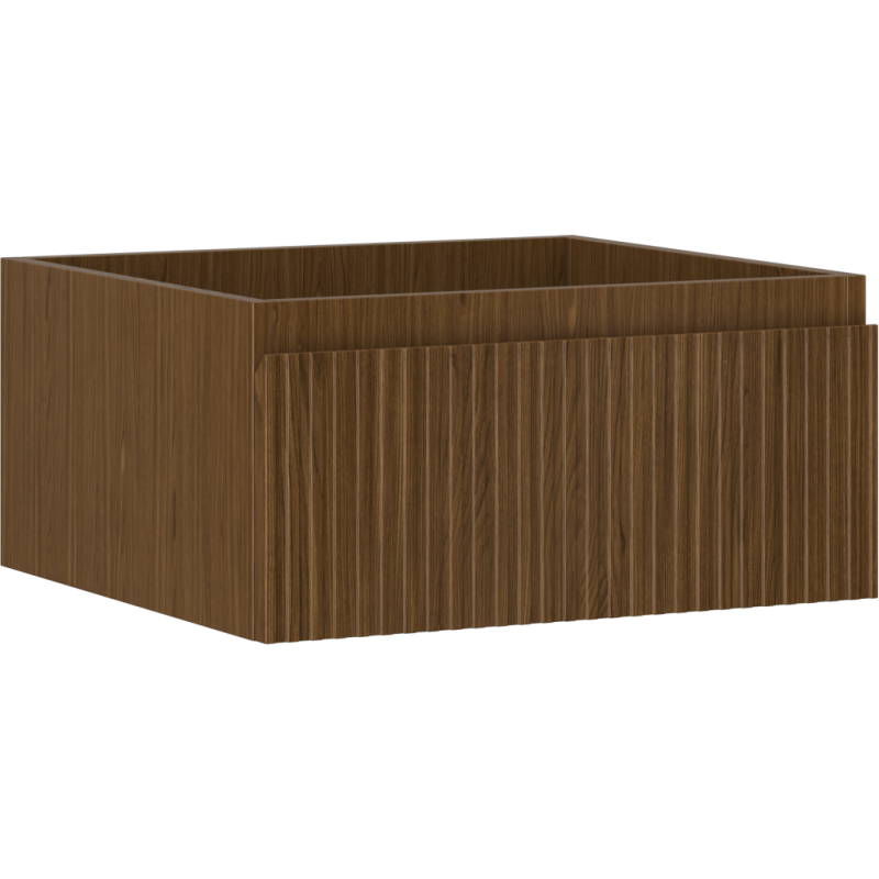 Servantskap 50 cm i valnøtt med riflet front og én skuff, sett fra skrå vinkel.