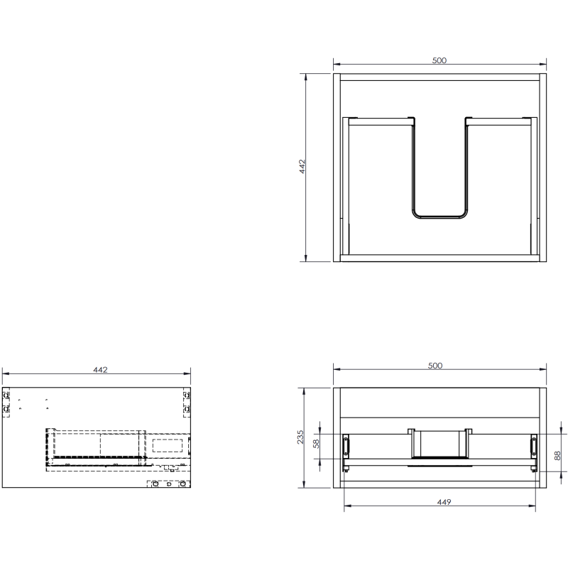 Servantskap til bad teknisk tegning med mål for Mexen Rivel 50 cm vist forfra, ovenfra og fra siden.