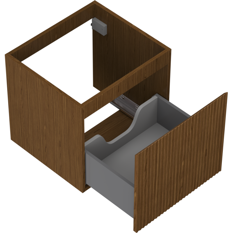 Servantskap uten vask i valnøtt med åpen grå skuff og riflet front, sett skrått ovenfra.