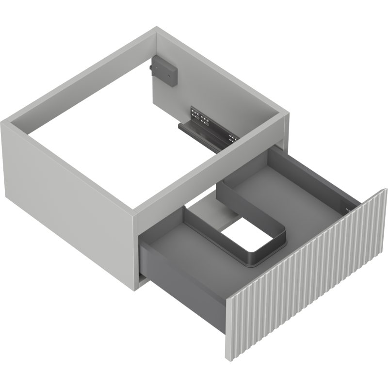 Servantskap uten vask grå matt Mexen Rivel med riflet front, delvis åpen skuff og U-formet avdeler.