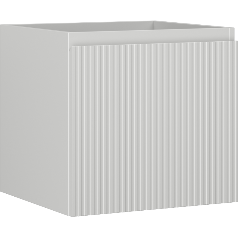 Servantskap 50 cm grå matt med riflet front og én skuff, vist fra front og side.