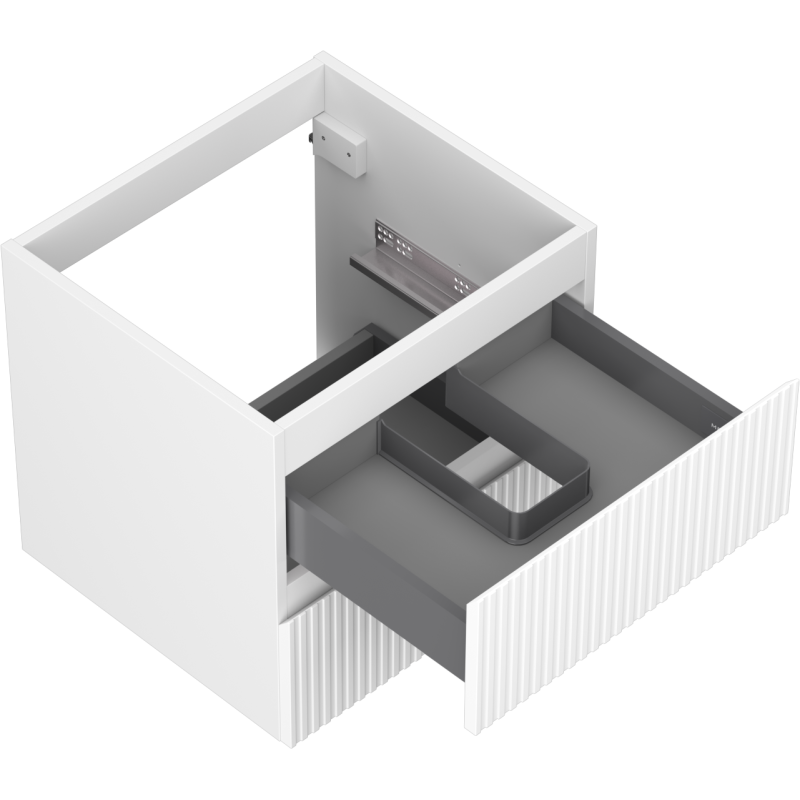 Servantskap uten vask 50 cm hvit matt med riflet front og grå uttrekksskuff sett ovenfra.