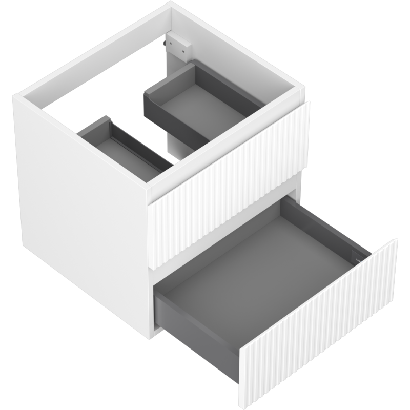 Servantskap til bad 50 cm hvit matt med to åpne skuffer og riflet front, sett ovenfra.