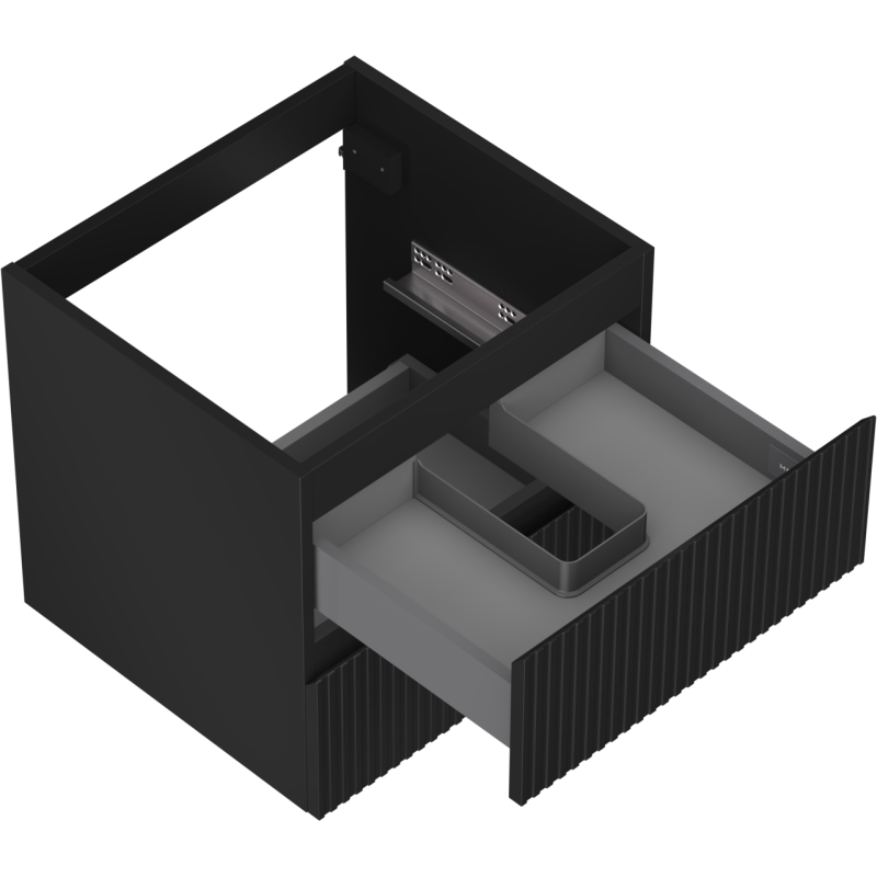 Servantskap uten vask 50 cm svart matt med åpnet grå skuff og vertikale riller på fronten.